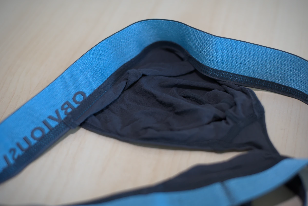 Close-up of the Primeman Thong's inner pouch construction and seams.